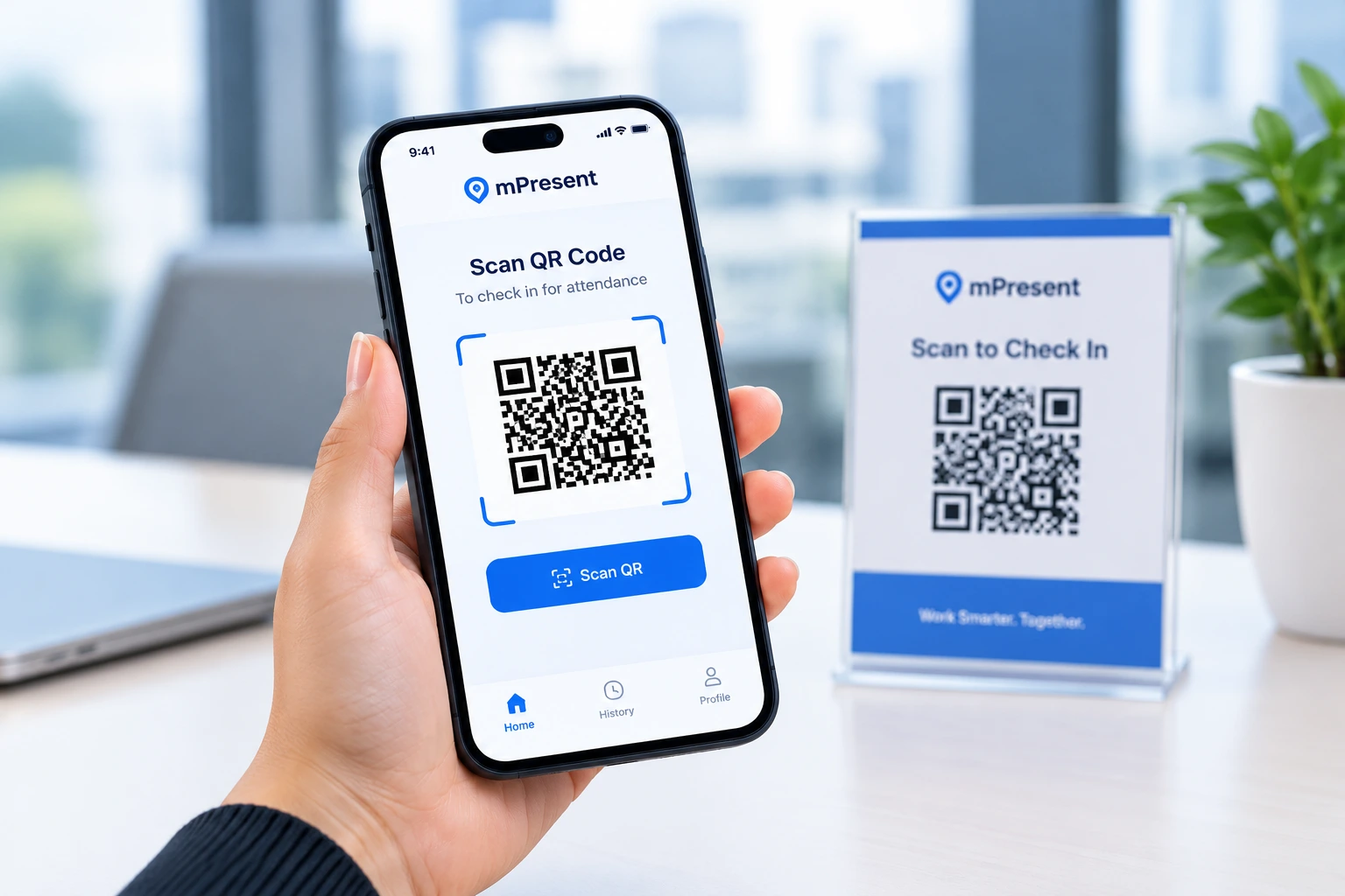 mPresent mobile app QR check-in screen